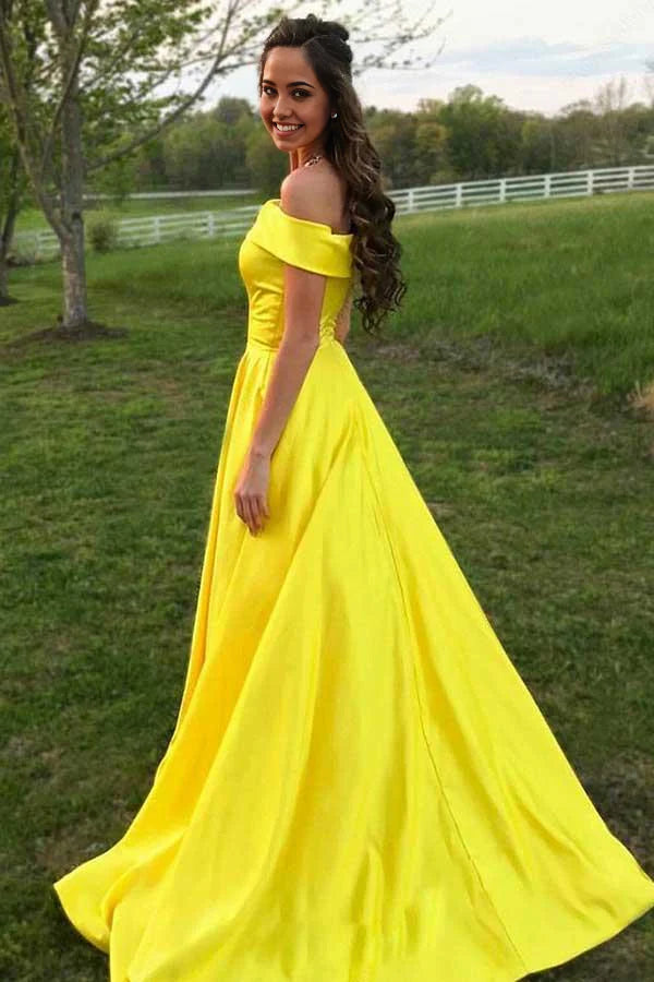 Vestido de fiesta amarillo de satén sin mangas, corte A, hombros descubiertos y bolsillos